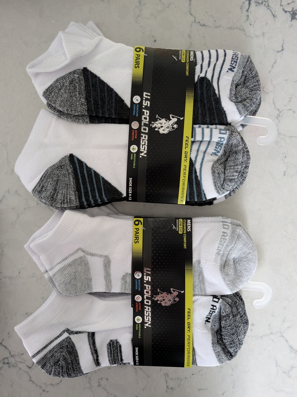 U.S. Polo Assn. White and Gray Low-Cut Athletic Socks - 6 Pack  Of Sz 6-12